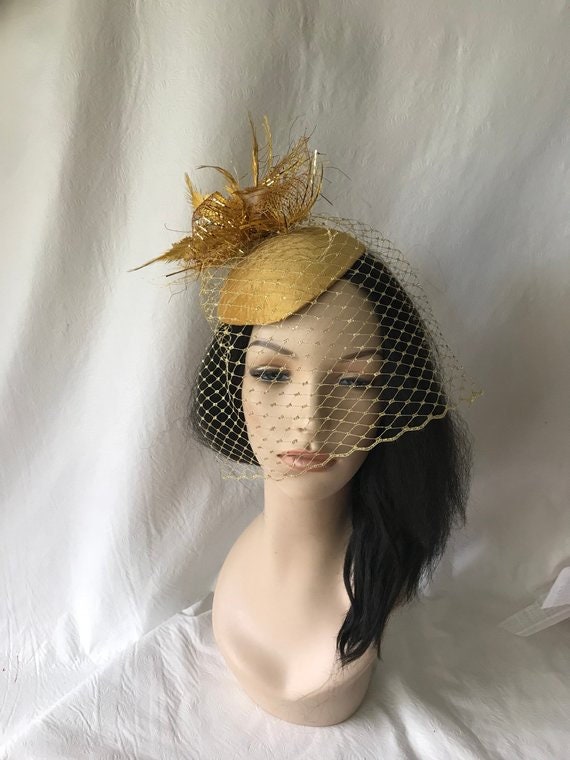 Gold Fascinator Hat With Gold Veil, Gold Fascinator, Gold  display picture 2
