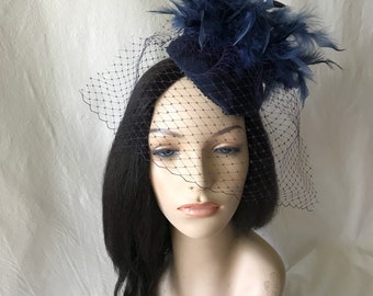 Navy fascinator with veil, Navy bridal hat, Navy Kentucky Derby hat, Tea Party hat, Mother of the Bride hat, vintage style hat with veil