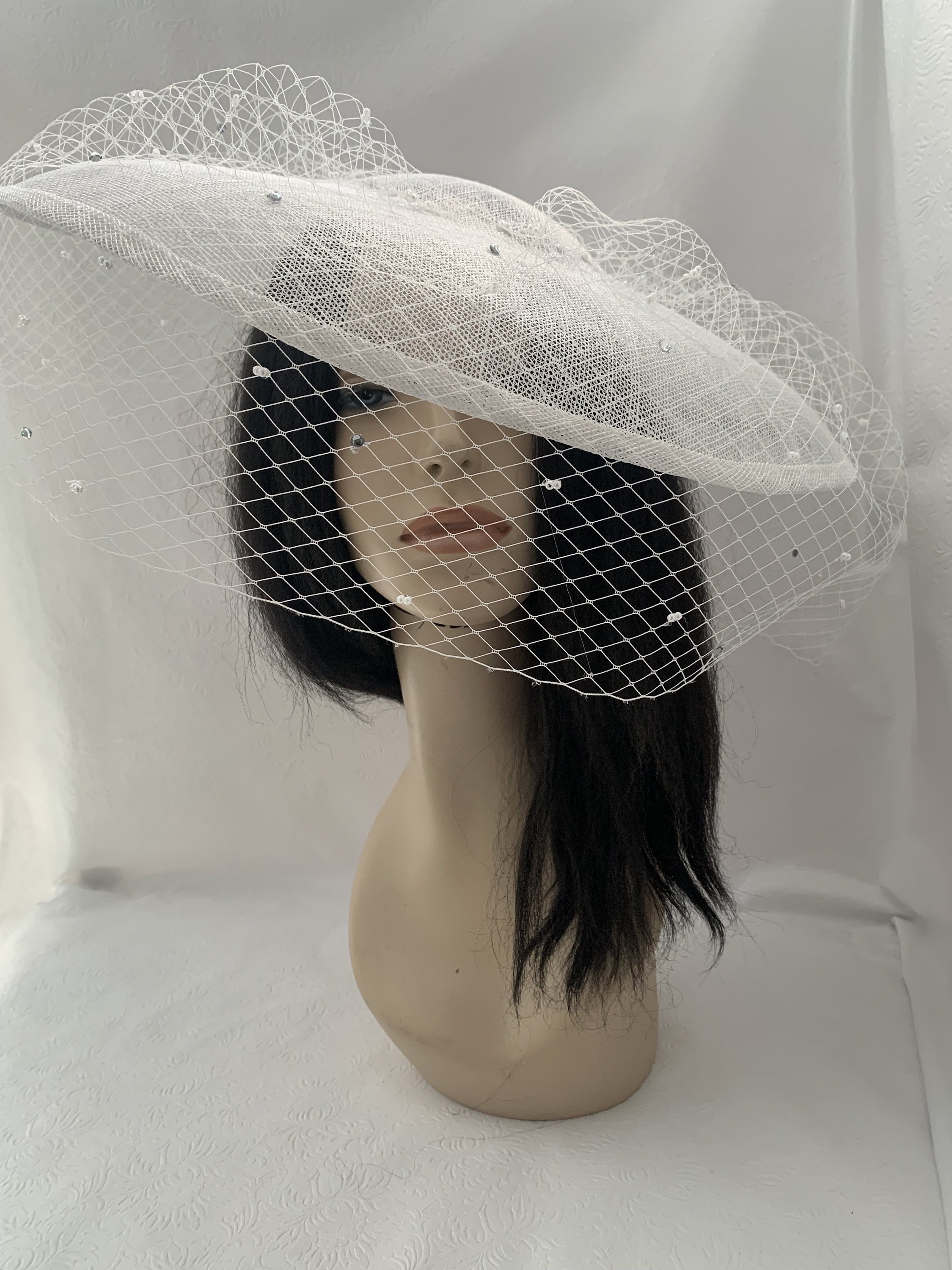 White Large Brim Fascinator Hat With Pearl and Rhinestone Veil for
