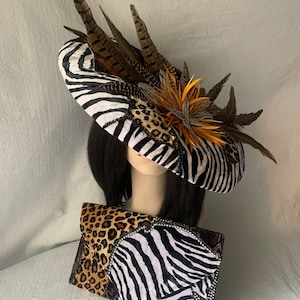 African Safari animal print large wide Brim saucer tilt fascinator hat with clutch bag, hat and clutch set, Wedding, Derby, Women gift set,