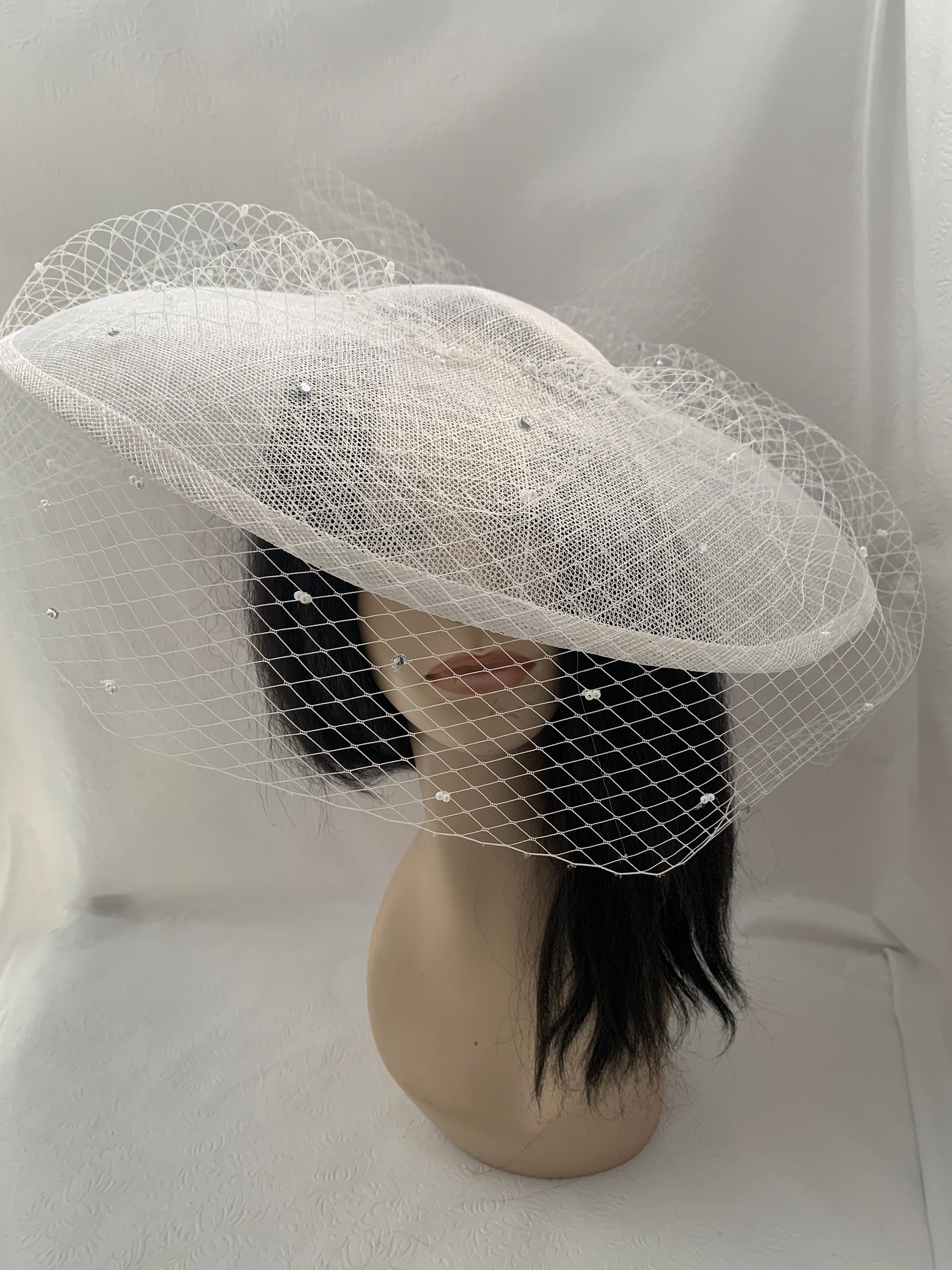 White Large Brim Fascinator Hat With Pearl and Rhinestone 