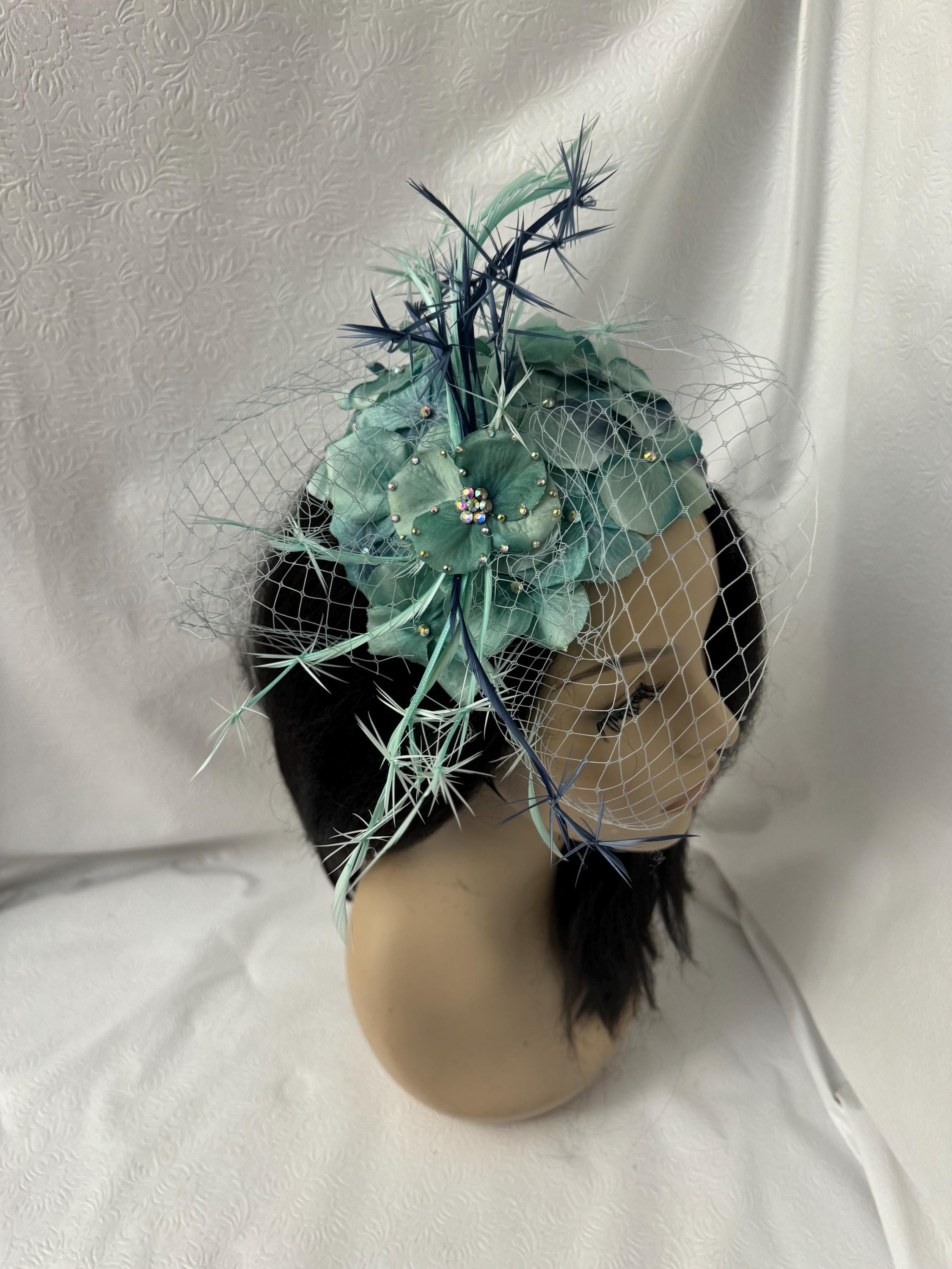 Elegant Teal Blue Floral Feather Fascinator Hat With Veil  display picture 2