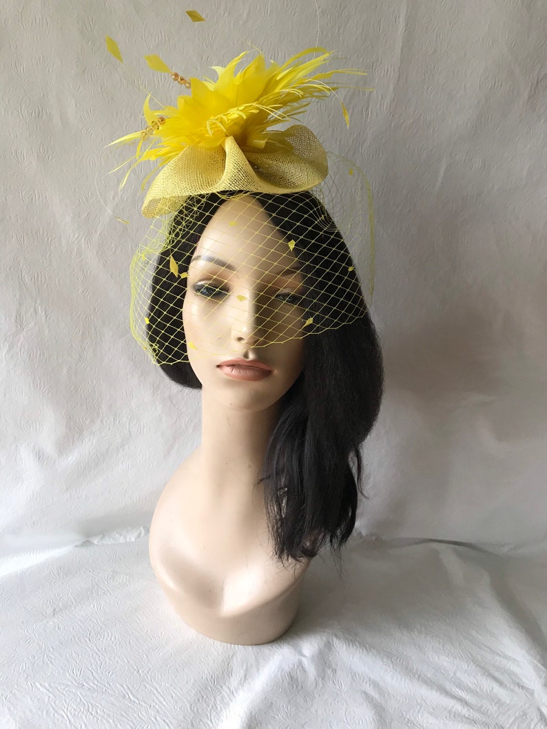 Kentucky Derby Yellow fascinator with dotted veil for wedding church hat for races mother of the bride or special occasion tea party