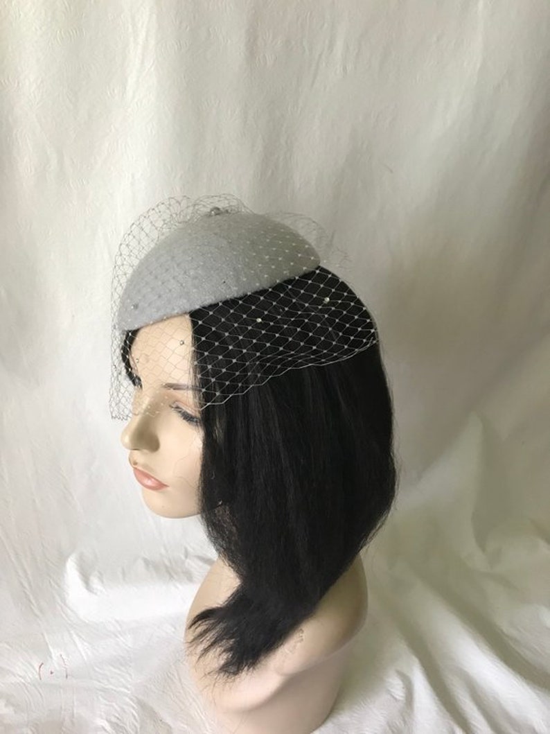 Gray Fascinator Hat With Rhinestones Veil Grey Bridal Wedding Etsy
