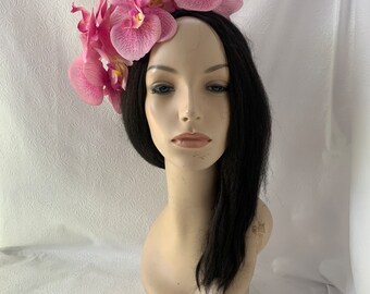 Pink Orchid Flower fascinator hat crown, Pink Floral Fascinator, Tea party hat, rockabilly orchid headband, wedding, bridal orchid headpiece