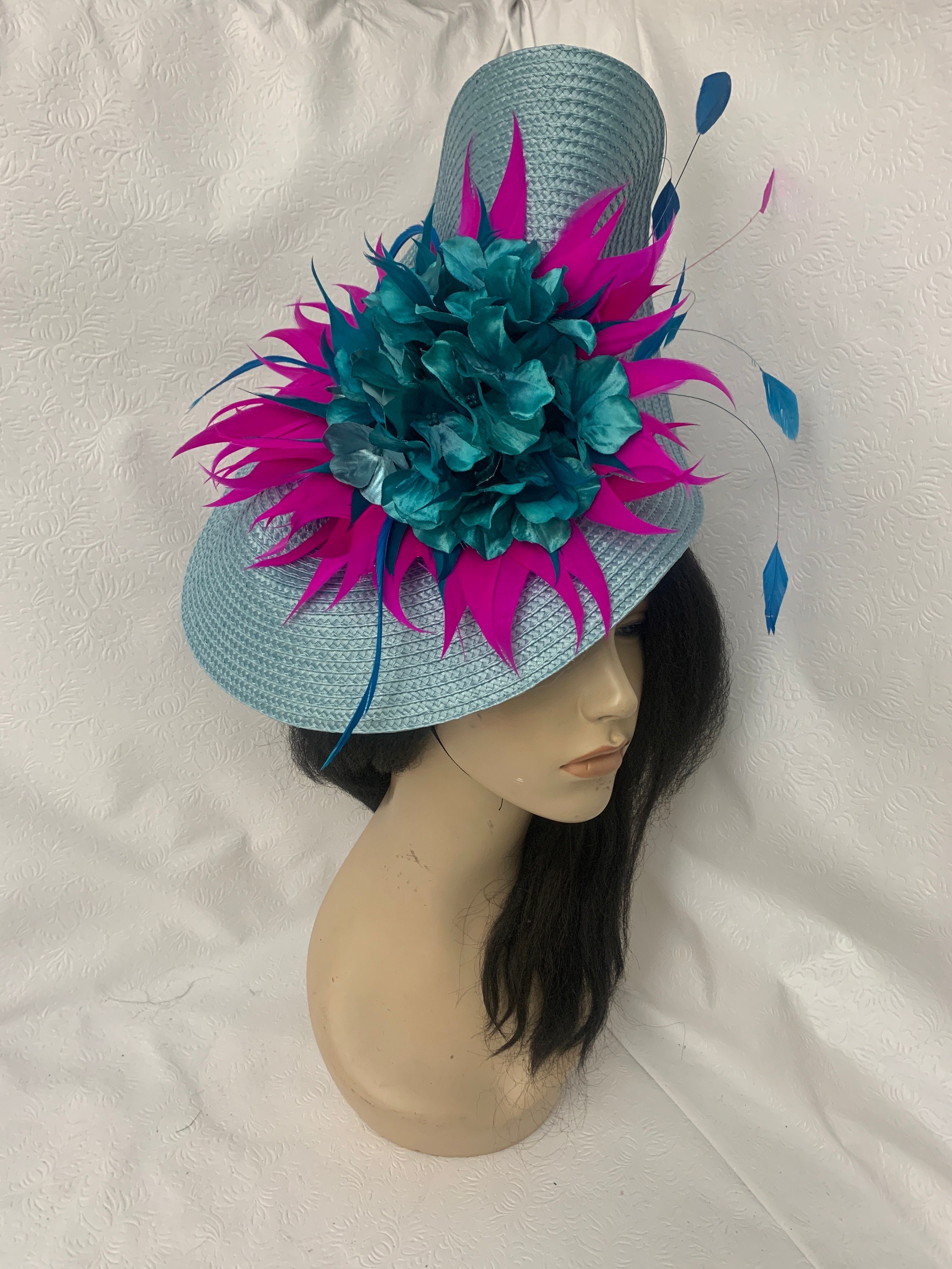 Pink & Teal Derby Hat Fuchsia Feather Aqua & Magenta Pink Floral Details 18”Brim Make a statement at the Kentucky Derby with this exclusive  main image 2