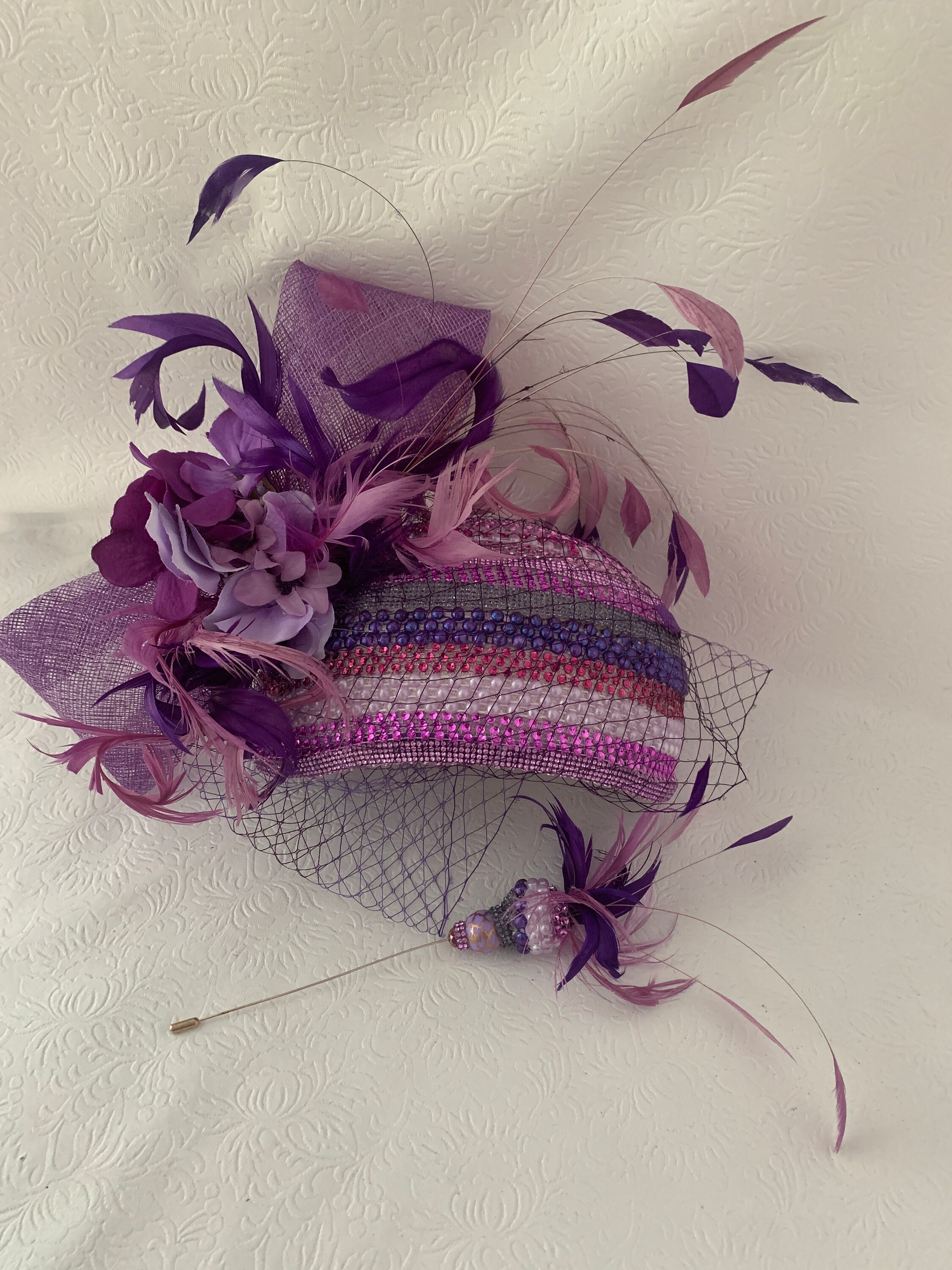 NEW! ElePurple Fascinator with Pearl Necklace Dark Purple and Gold Wedding Guest Small Fascinator Hat  main image 4