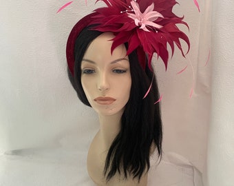 Burgundy flower feather derby fascinator, velvet halo crown padded headband, Mother of the bride, wedding, Tea Party, fascinator wine red