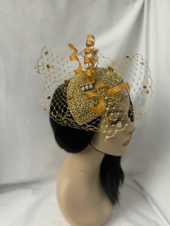 Gold 1920s Beaded Fascinator Hat With Veil - Handmade  display picture 1