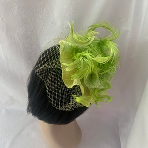 Lime Green yellow feather fascinator hat for tea party, gift set idea for Fashionista, Church hat with matching brooch, Chartreuse image 3