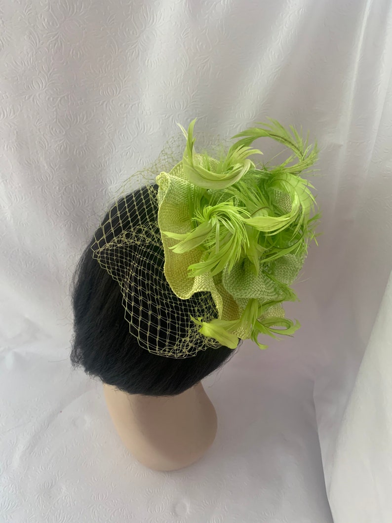 Lime Green yellow feather fascinator hat for tea party, gift set idea for Fashionista, Church hat with matching brooch, Chartreuse image 3