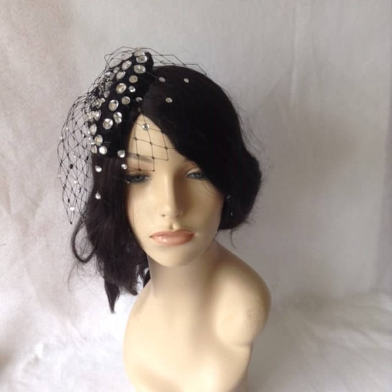Black Mini Fascinator Hat With Veil Black Rhinestone Etsy