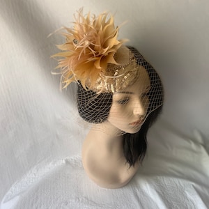 Champagne sequin veil Fascinator hat with feather flower for Weddings, Tea Party hat, cocktails, Mother of the bride hat, church hat, races