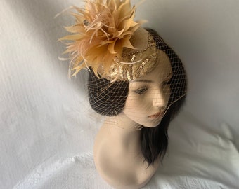 Champagne tan feather flower fascinator hat with veil, sequin Wedding hat, Tea Party hat, Mother of the bride hat, church hat