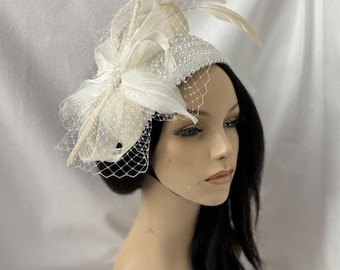 1920s Gatsby Pearl Beaded Fascinator – Vintage White Fringe  display picture 2