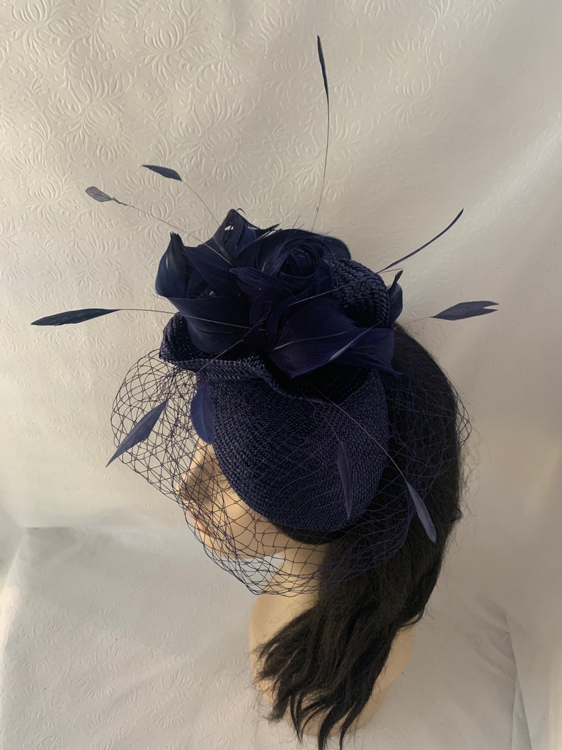 Dark navy blue fascinator hat with veil for wedding, mother of bride hat, womens church hat, formal hat, tea party hat, Kentucky derby hat image 6