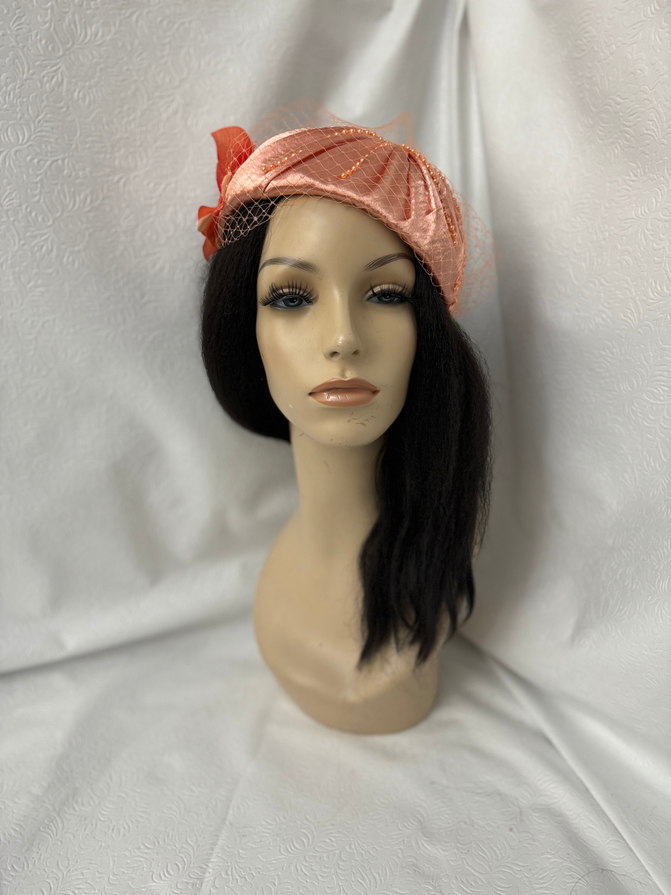 Coral Peach Vintage Style Half Hat Fascinator, Women display picture 3