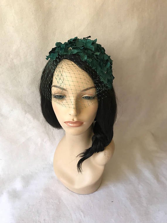 Emerald Green Vintage Calot style 1950s -1960s Fower Petal Half Hat with veil for weddings, church, derby tea party