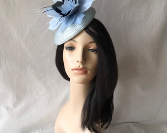 Baby blue and navy feather fascinator hat Kentucky derby, Wedding guest, High tea party, Mother Of the bride, Women’s Church, cocktail,