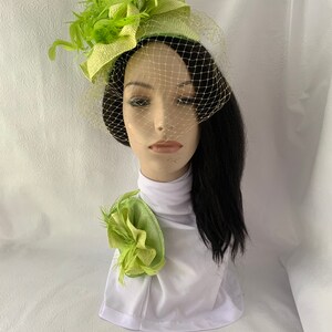 Lime Green yellow feather fascinator hat for tea party, gift set idea for Fashionista, Church hat with matching brooch, Chartreuse image 9