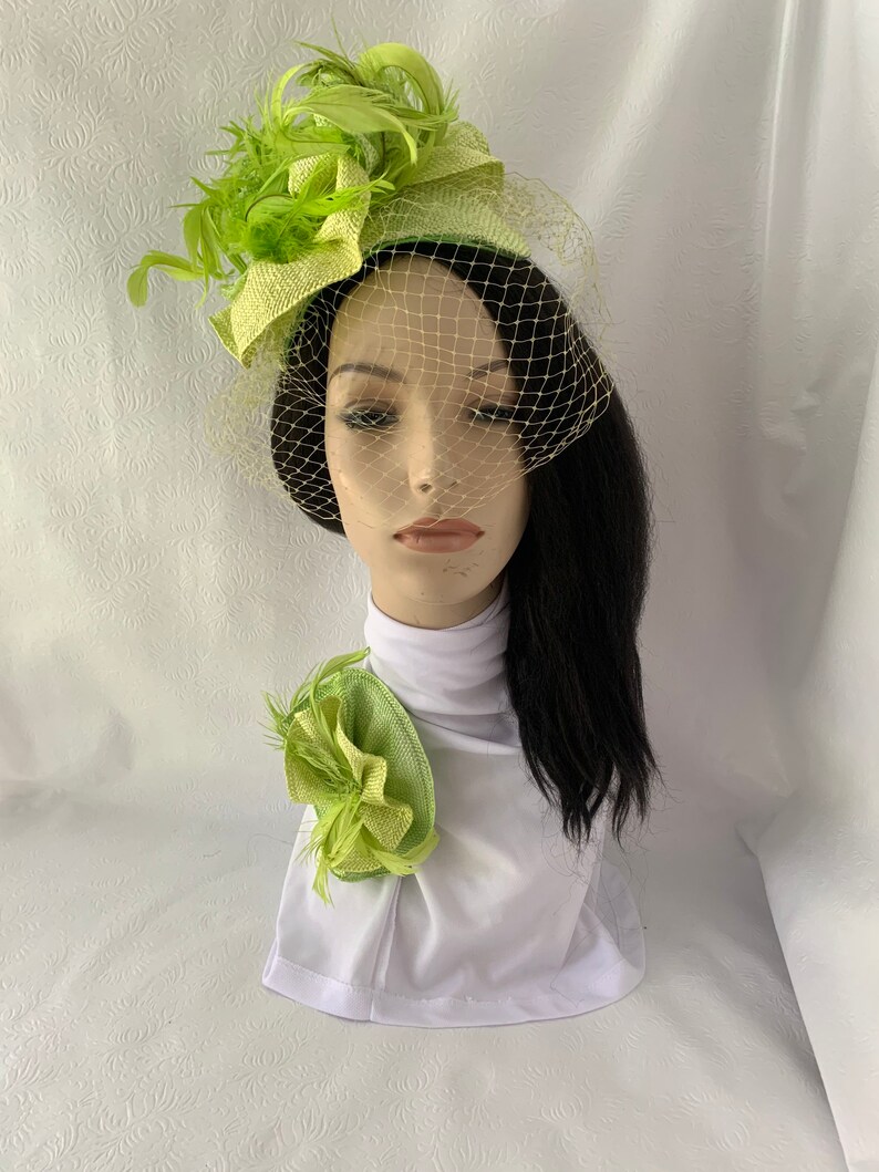 Lime Green yellow feather fascinator hat for tea party, gift set idea for Fashionista, Church hat with matching brooch, Chartreuse image 9