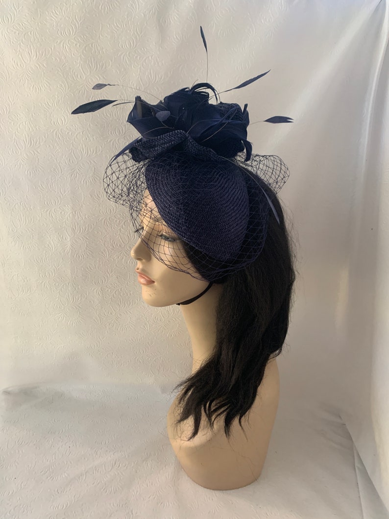 Dark navy blue fascinator hat with veil for wedding, mother of bride hat, womens church hat, formal hat, tea party hat, Kentucky derby hat image 3