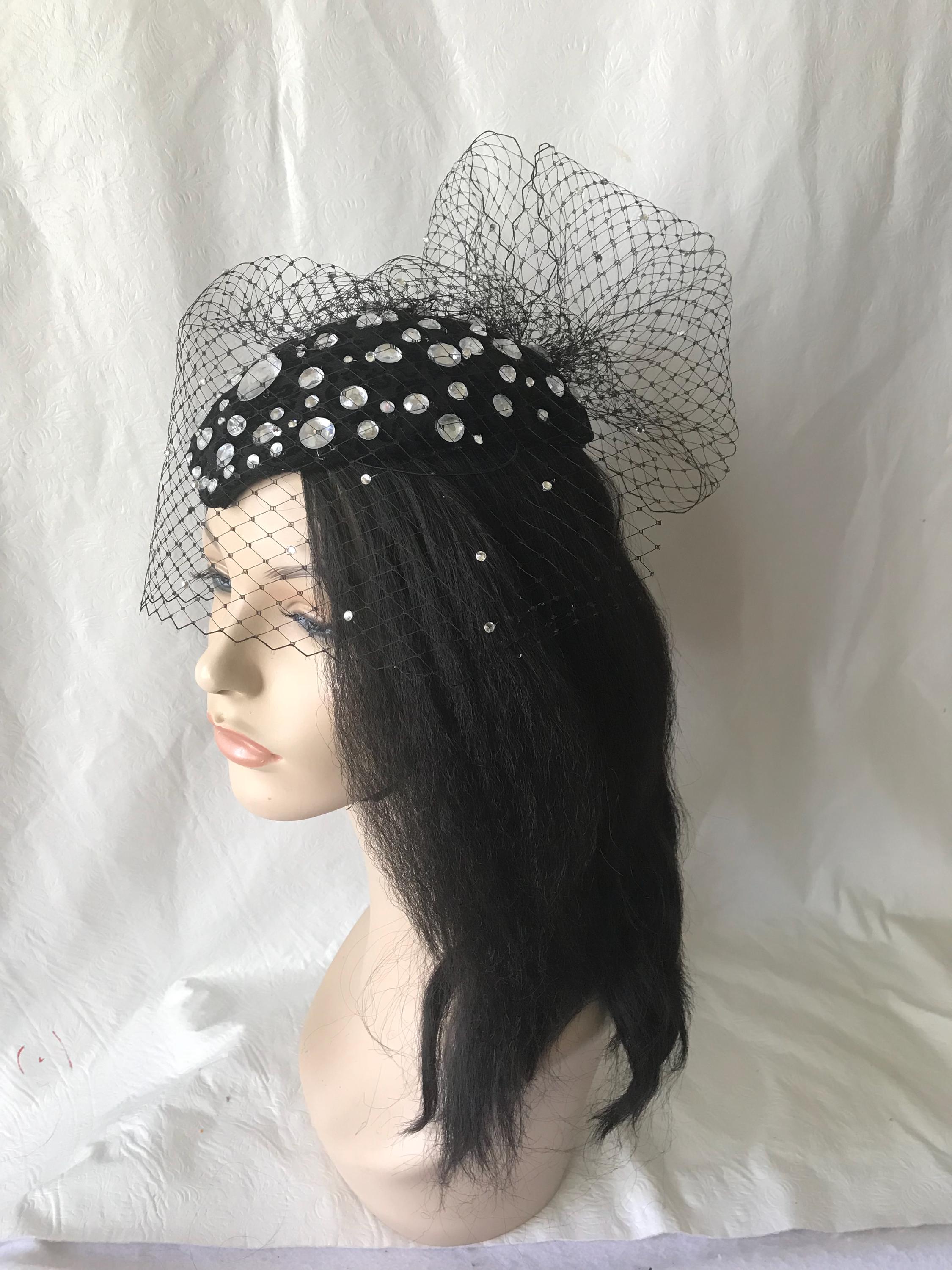 Chic Black Veil Hat with Rhinestone Accent Black Veil Gold Rhinestone Bejewel Fascinator Hat Rhinestone  main image 2