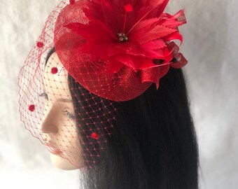 Red Fascinator Hat With Dotted Veil, Red Mini Fascinator Hat  display picture 3