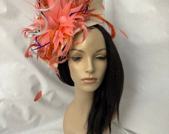 Coral pink feather Kentucky derby Fascinator hat for tea party hat, weddings, Ascot, church, mother of bride hat, Christening, Races, derby