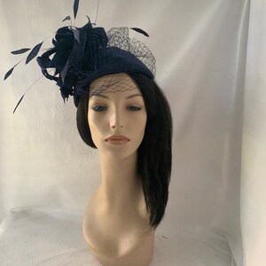 Dark navy blue fascinator hat with veil for wedding, mother of bride hat, womens church hat, formal hat, tea party hat, Kentucky derby hat image 7