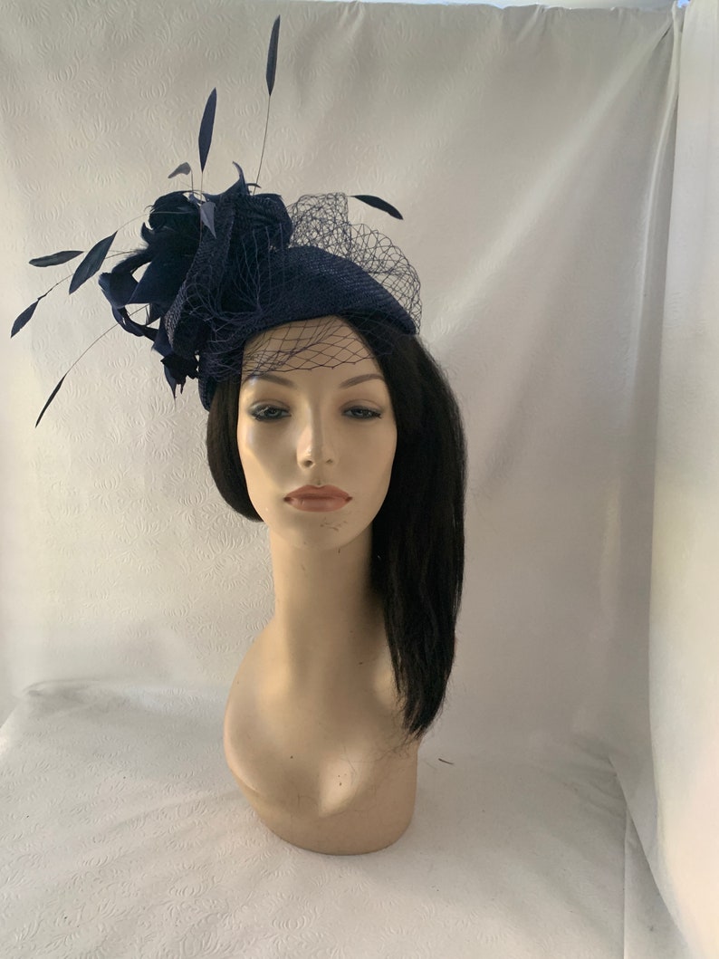 Dark navy blue fascinator hat with veil for wedding, mother of bride hat, womens church hat, formal hat, tea party hat, Kentucky derby hat image 7