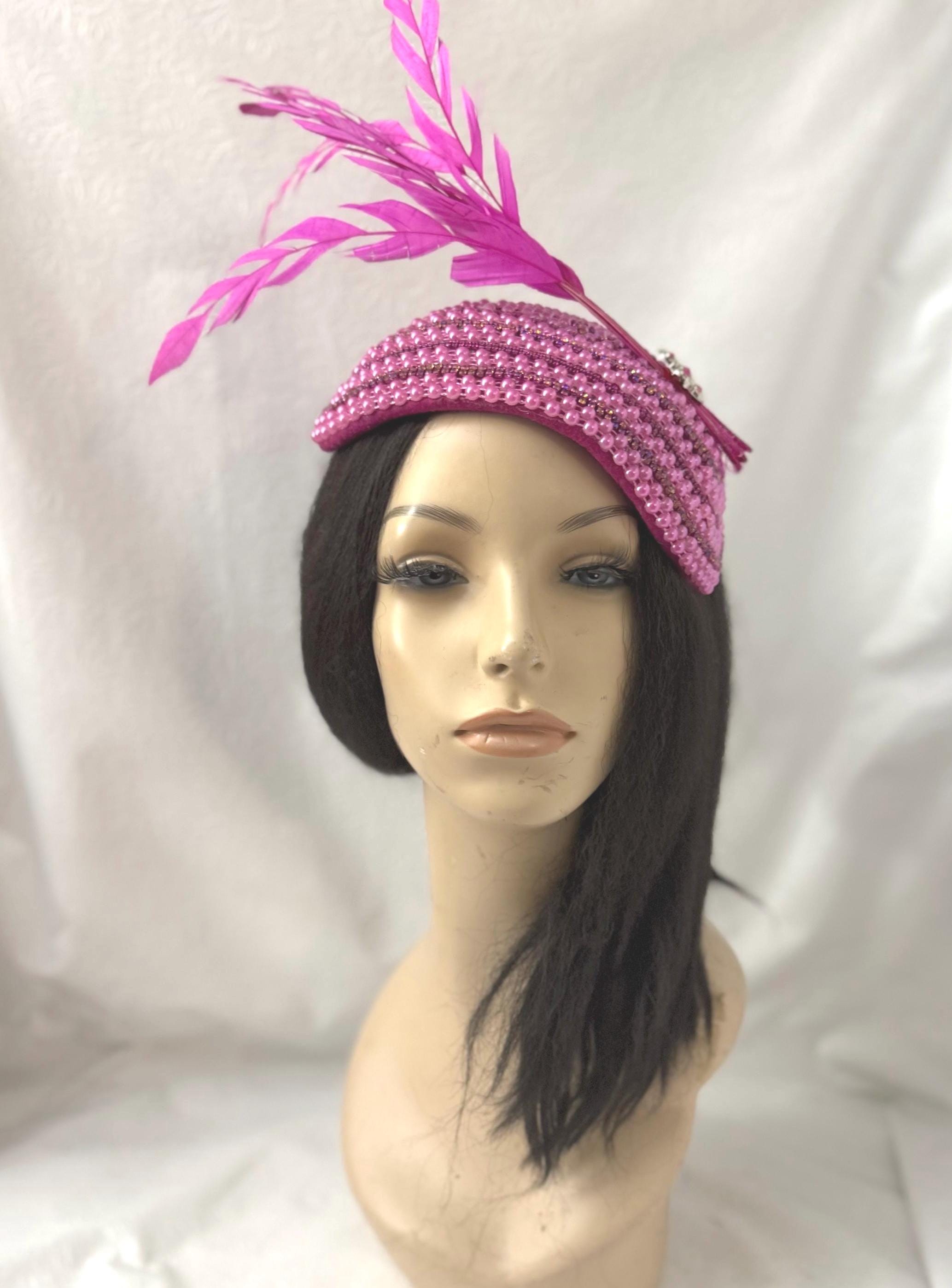 Rare Hot Pink feathered Vintage Turban hat! Cerise Pink Vintage Double Flower Turban Hat main image 4