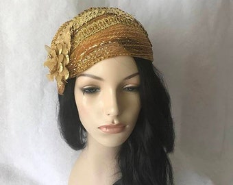 Gold 1950s - 1960s Bridal Wedding hat, Gold Church hat, Gold half hat, Gold Flapper hat, Gold Vintage hat, Gold Juliet cap hat, Gold hat