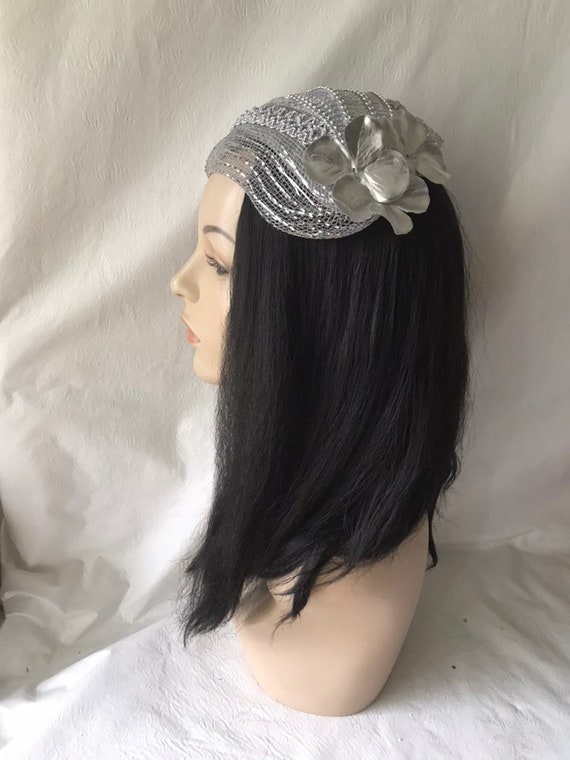 Vintage Silver Mesh Fascinator Hat with Bow & Sequined‎ Net Silver Vintage Inspired 1950s-1960s Half Hat, Silver Wedding  main image 3