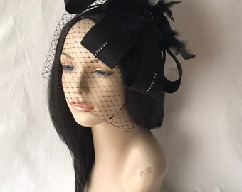 Black veil fascinator headband, black fascinator, tea party hat, Kentucky Derby headpiece, wedding, ladies church fascinator, funeral hat