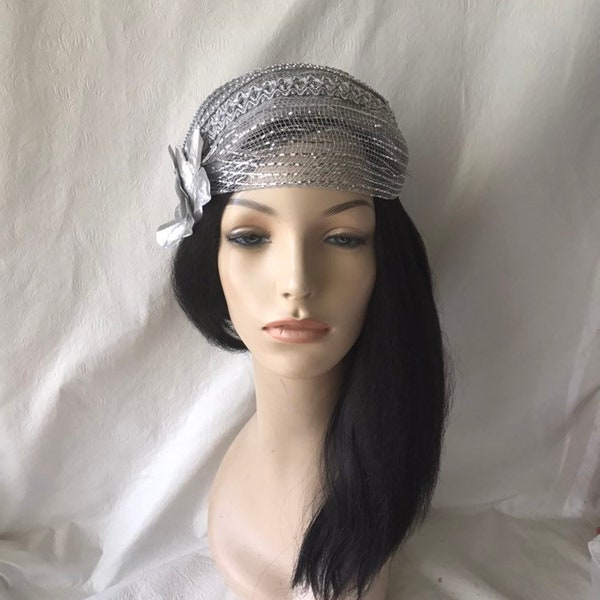 Silver Vintage Inspired 1950s-1960s Half Hat, Silver Wedding hat, Silver Church hat,  fascinator hat, Silver Bridal Hat, Straw Mesh hat