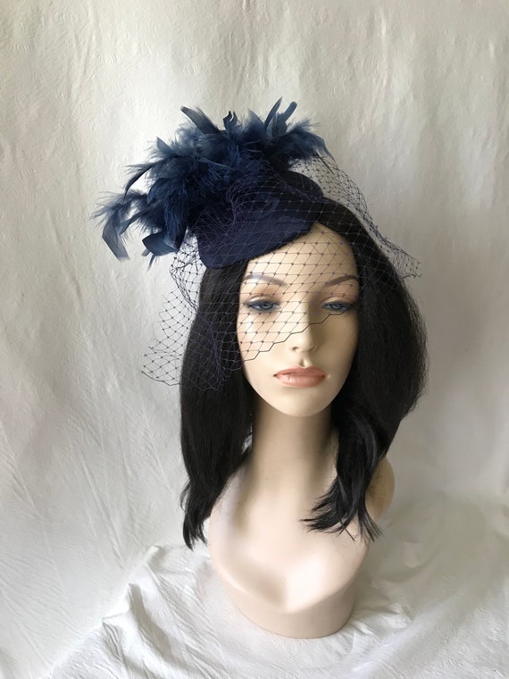 Fascinator Hat Veil Feather Navy Blue Feather Accessories Women main image 3