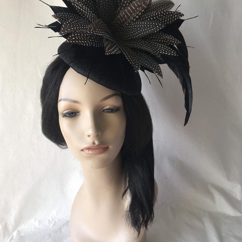 Black Sinamay feather Fascinator hat, black and shops white dotted feather fascinator hat for Kentucky derby, tea party, church, wedding,