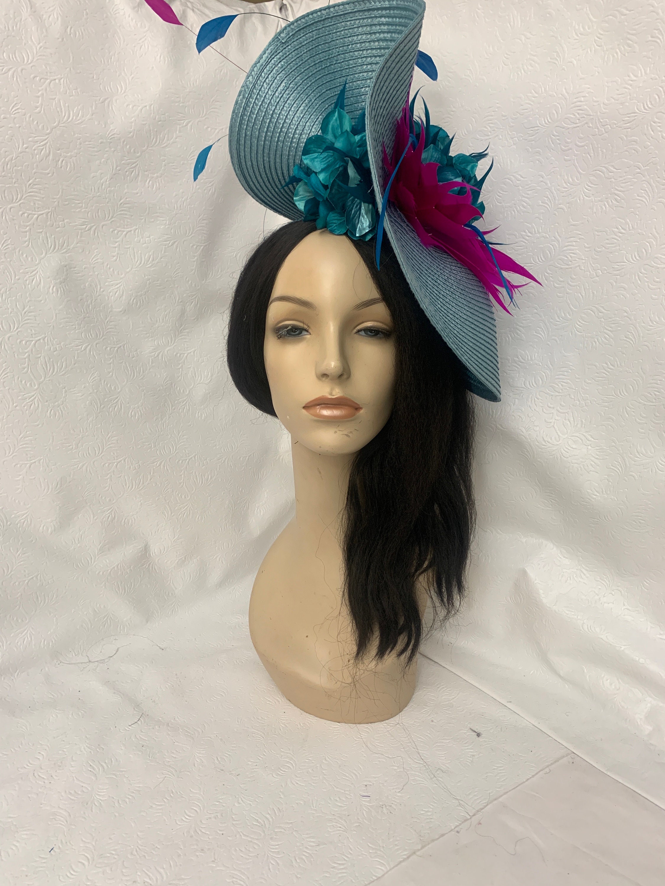 Light Blue Teal Hot Pink Feather Flower Kentucky Derby  display picture 3
