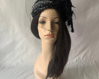 Black elegant braided vintage half hat with veil for wedding, Mother of bride,  church, tea party shower, funeral or any  special occasion