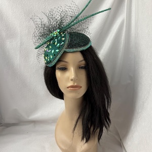 Dark green Ab rhinestone double cup Fascinator hat with long feather quill hat pin for weddings, church, derby and special occasion