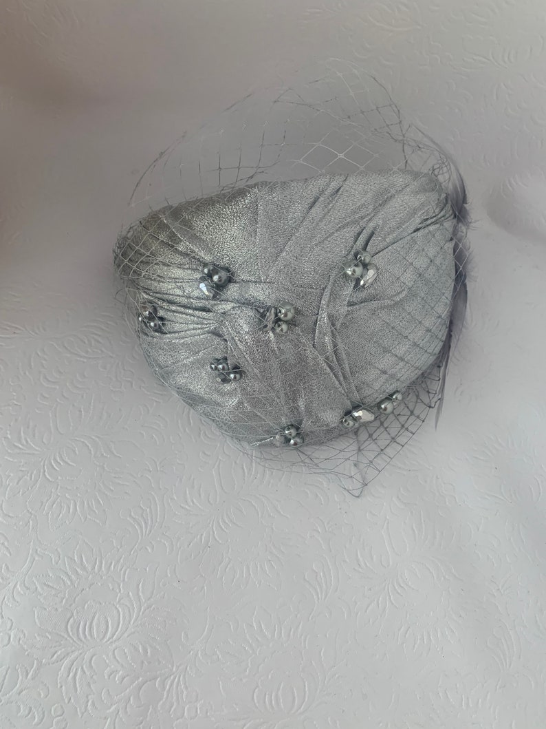 Silver Vintage Inspired 1950s-1960s Half Hat, metallic gray Wedding hat, Church hat, Mother of the bride, tea Party fascinator hat, Formal image 10