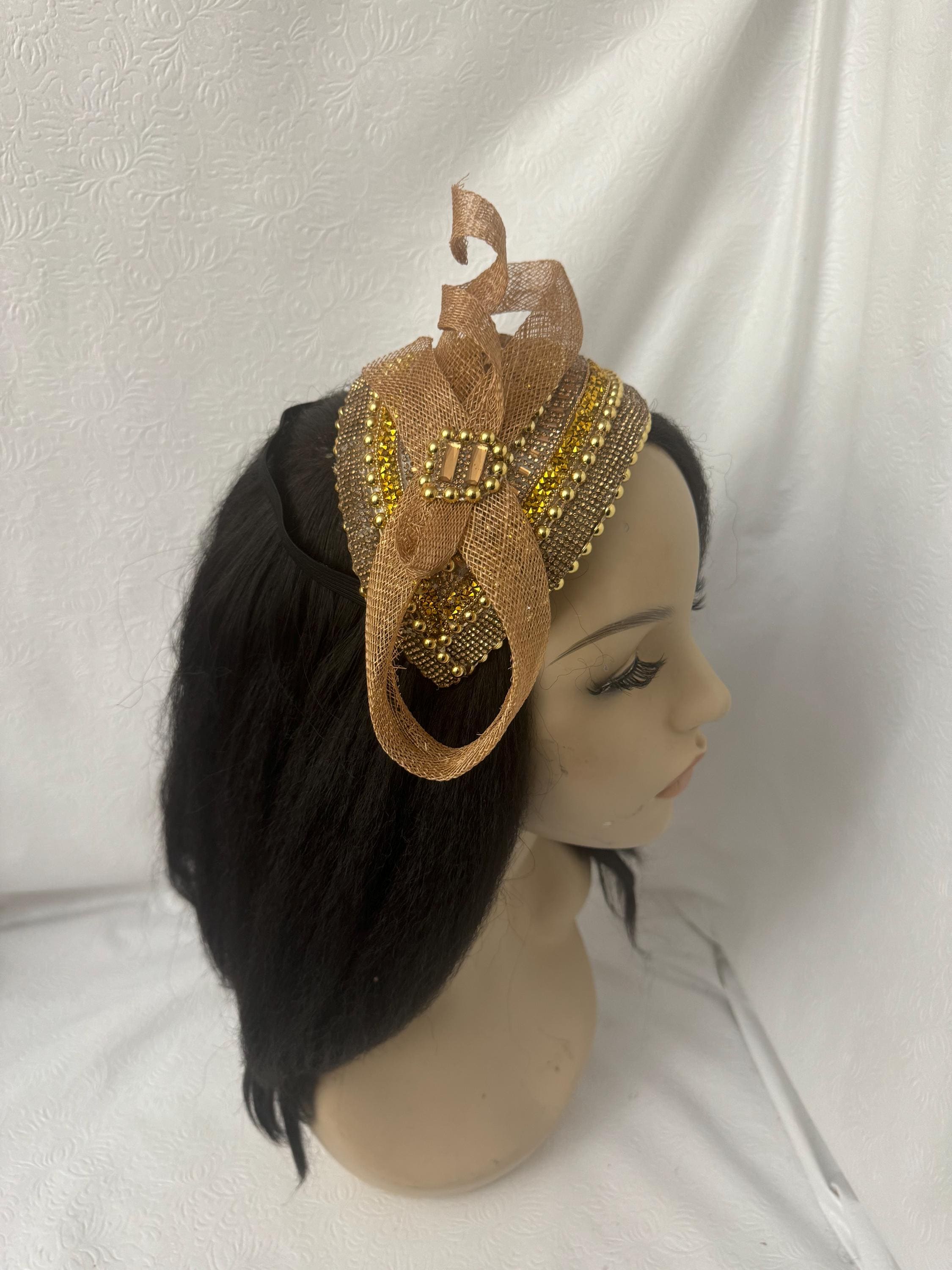 Elegant Bronze and Gold Pearl Beaded Fascinator Half Hat for