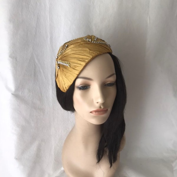 Vintage inspired Gold silk pleated fascinator half hat,Gold fascinator,Gold Church hat, Gold bridal hat,Mother of the bride hat, Wedding hat