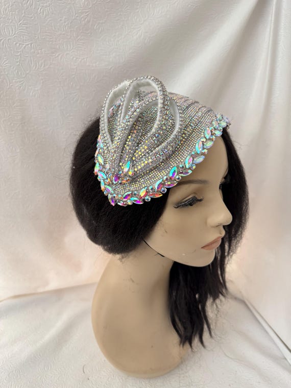 AB Rhinestone Crystal Fascinator Hat – Iridescent bling Church Half headband Hat, Derby Headpiece, Bridal Shower Hat, Elegant Gift for Women