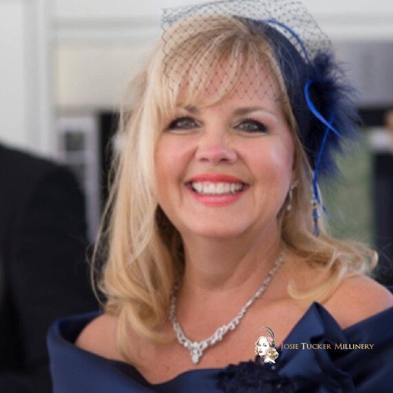 Navy Blue Teardrop Fascinator Hat, Vintage Style Veil 