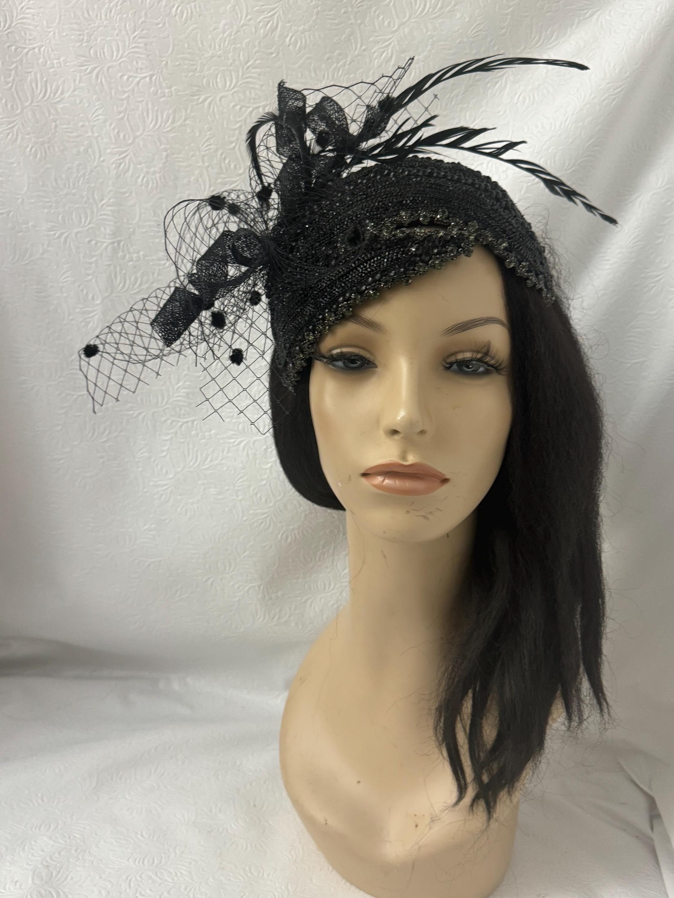 green emerald velvet dress Elegant Black Fascinator Hat with Floral Embellishment