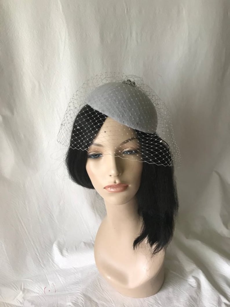 Gray Fascinator Hat With Rhinestones Veil Grey Bridal Wedding Etsy