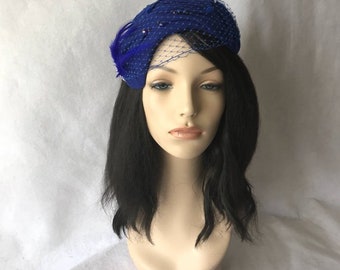 Royal blue Felt fascinator, Royal blue winter fascinator hat, Royal blue pillbox hat, Royal blue church hat, Royal blue wool hat, Half hat