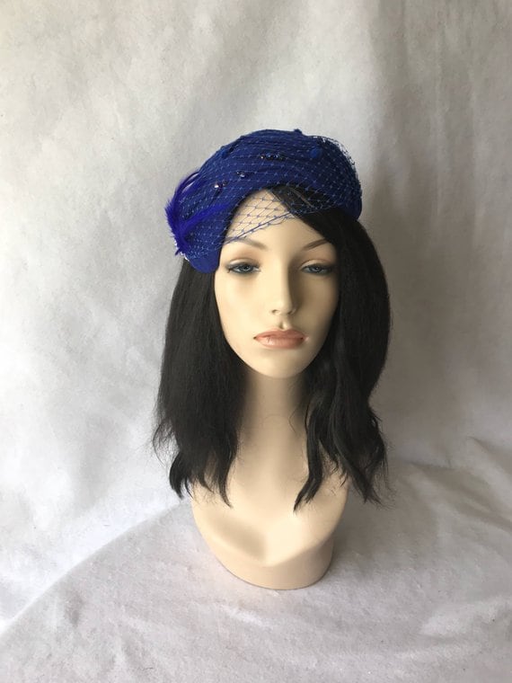 Royal blue fascinator hat, felt headpiece for wedding, tea party, church half hat